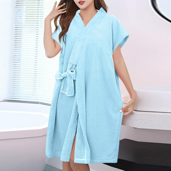 jobturf Robes for Women Lightweight Waffle Knit Short Sleeve Bathrobe Spa Robe Bridesmaids Side Slit Short Housecoat