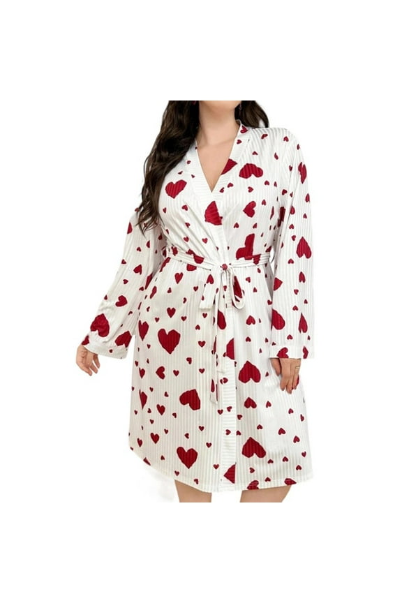 Robes for Women Ribbed Knit Long Sleeve Bathrobe Lightweight Casual Heart Printed Knee Length Loungewear