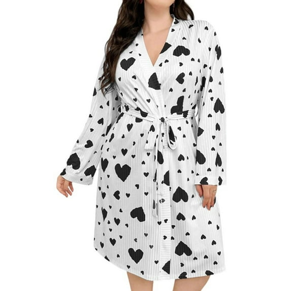 jobturf Robes for Women Ribbed Knit Long Sleeve Bathrobe Lightweight Casual Heart Printed Knee Length Loungewear