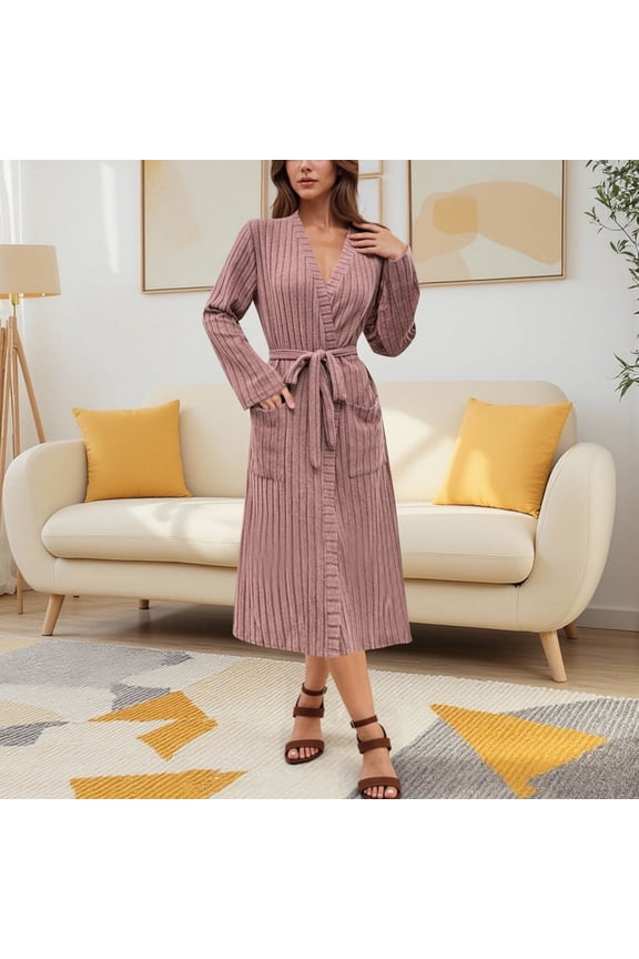 Robes for Women Ribbed Knit Soft Long Bathrobes Casual Lightweight Fleece Shawl Collar Spa Robe Cozy Sleepwear with Pockets