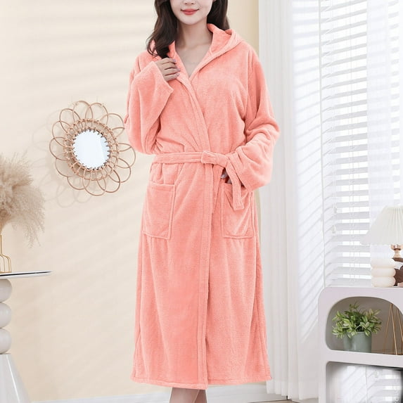 jobturf Robes for Women Soft Long Sleeve Hooded Bathrobe Casual Lightweight Fleece Shawl Collar Spa Robe Cozy Sleepwear with Pockets