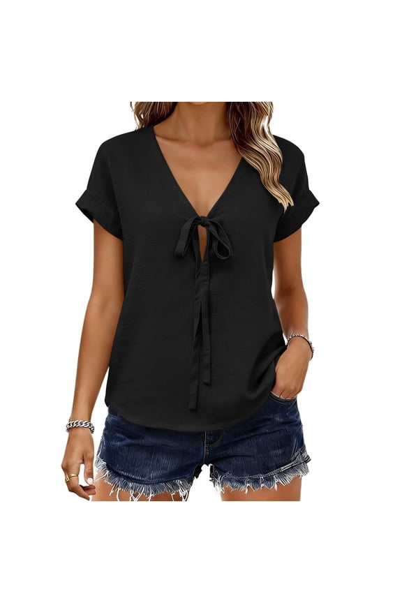Rolled Cuff Short Sleeve Shirts for Women V Neck Front Tie Knot Short Sleeve Casual Tops Loose Summer Blouses S-2XL
