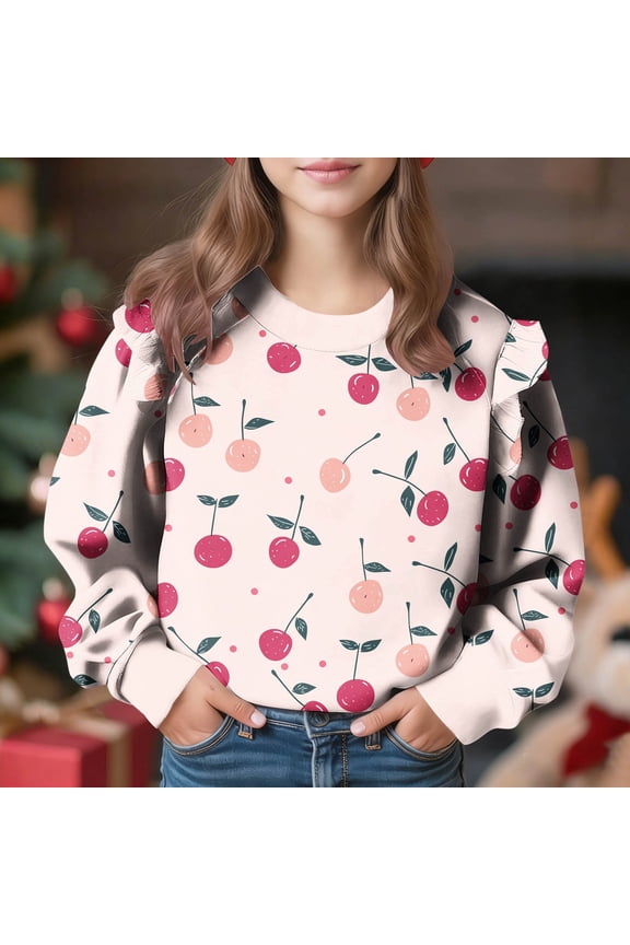 Ruffle Long Sleeve Shirts for Girls Trendy Cute Cherry Graphic Sweatshirts Spring Lightweight Going Out Tops for&nbsp;Kids&nbsp;4-15&nbsp;Years