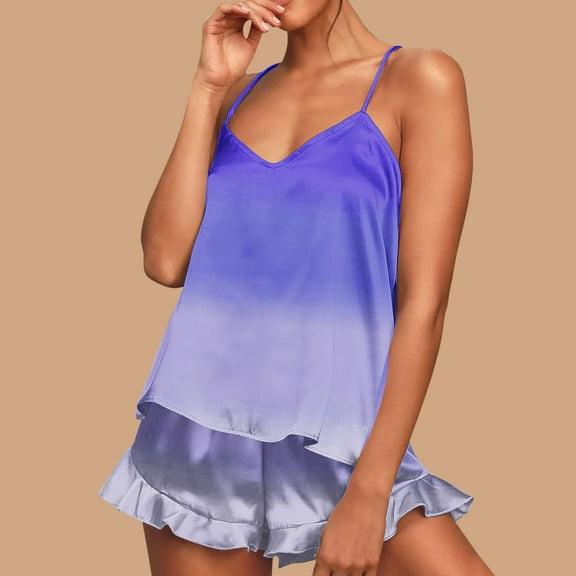 jobturf Satin Pajama Set for Women Summer Fashion Gradient Tank Top and Ruffle Hem Shorts Matching Pjs 2 Piece Outfits Casual Loose Loungewear Sets