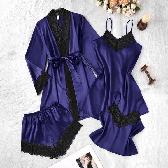 jobturf Satin Pajama Set for Women 4 Piece Summer Fashion Lace Trim Lounge Set V Neck Camisole Tops with Robe and Shorts Cute Pj Sets