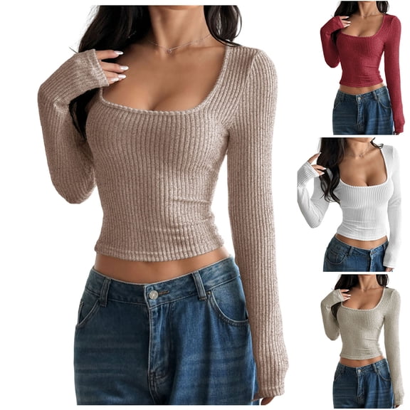 jobturf Scoop Neck Long Sleeve Tops for Women Trendy Ribbed Knit Slim Fitted Blouses Soft Comfy Basic Tees Fall Spring Fashion T Shirts