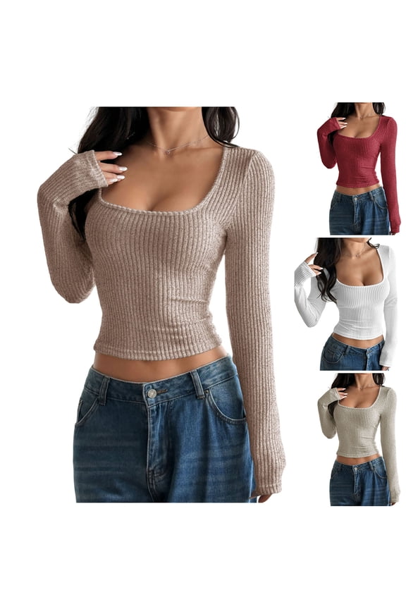 Scoop Neck Long Sleeve Tops for Women Trendy Ribbed Knit Slim Fitted Blouses Soft Comfy Basic Tees Fall Spring Fashion T Shirts