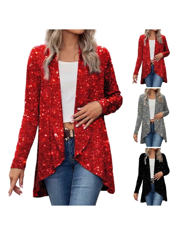 Sequin Jackets for Women Glitter Sparkly Party Open Front Cardigan Long Sleeve High Low Tops Christmas Lightweight Coats