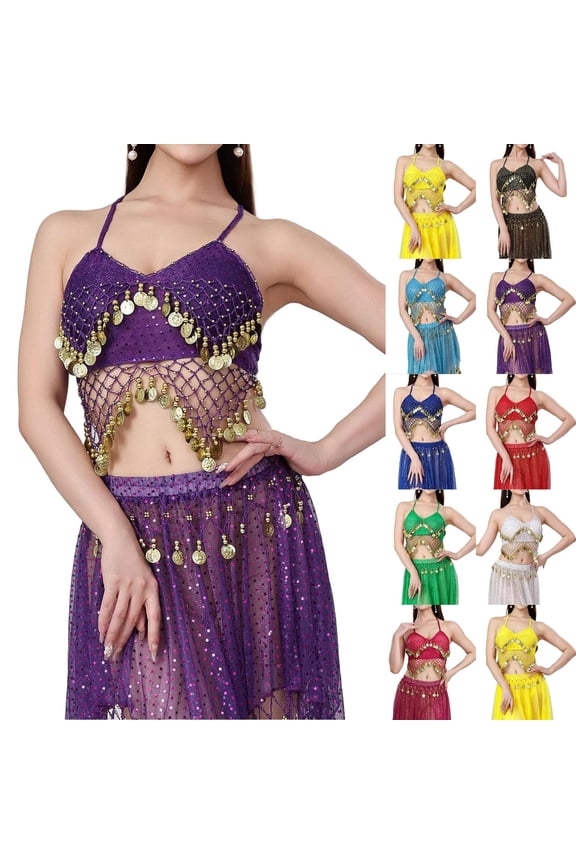 Sequin Tops for Women Belly Dance Y2k Tassels Backless Tie Up Halter Crop Top Summer V Neck Spaghetti Strap Sleeveless Shirts with Chest Pad