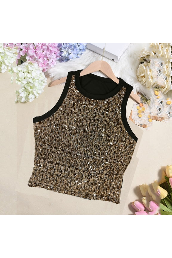 Sequin Tops for Women Sparkly Crew Neck Sleeveless Shirts Summer Fashion Blouses Holiday Party Club Night Tank Top Y2k Clothes