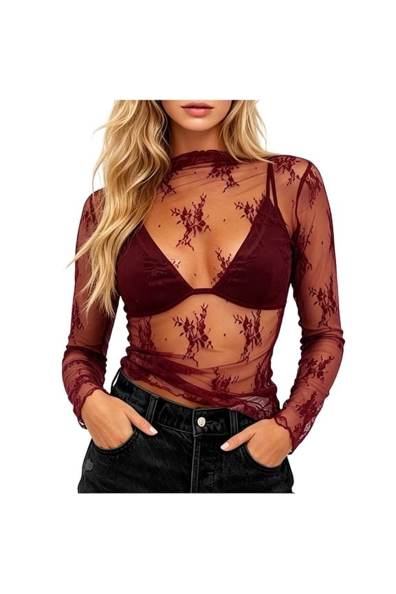 Sheer Mesh Shirt Women Floral Lace Long Sleeve Top See Through Mock Neck Tops Slim&nbsp;Fitted Summer Blouses S-2XL