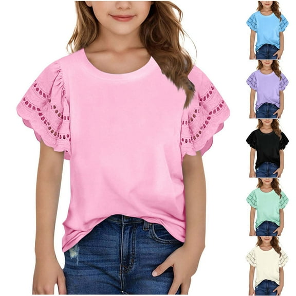 jobturf Shirts for Girls Cute Eyelet Hollow Out Ruffle Short Sleeve Tops Holiday Beach Vacation Pullover Fashion Summer Blouses Size 3-12 Years