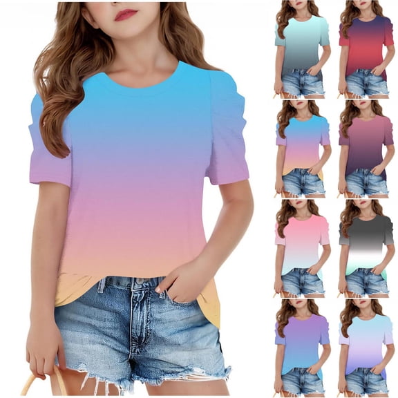 jobturf Shirts for Girls Cute Gradient Puff Short Sleeve Tops Summer Lightweight Blouses Holiday Beach Vacation Basic Tees Size 4-15 Years
