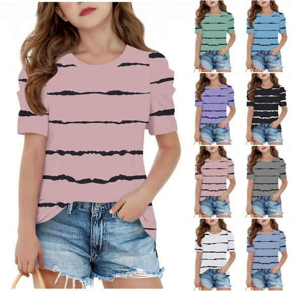jobturf Shirts for Girls Cute Puff Short Sleeve Tops Holiday Beach Vacation Pullover Summer Fashion Striped Blouses Size 4-15 Years