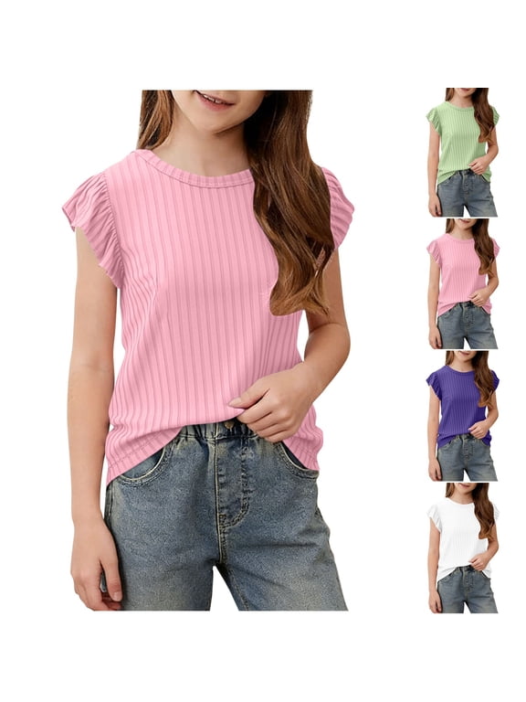 Shirts for Girls Cute Ruffle Cap Sleeve Tops Beach Vacation Ribbed Basic Tees Comfy Loose Summer Blouses Size 0-11 Years