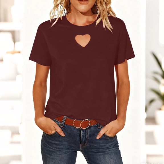 jobturf Short Sleeve Shirts for Women Cute Heart Keyhole Cut Out Party Tops Summer Fashion Crew Neck Basic Tees Holiday Valentines Day Blouses