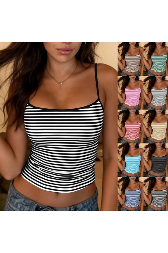 Sleeveless Crop Tops for Women Striped Spaghetti Strap Tank Top Slim Fitted Breathable Basic T Shirts Summer Beach Outfits S-XXL