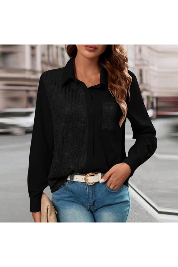 Sparkly Tops for Women Sparkly Sequins Long Sleeve Button Down Shirts Fall Spring Fashion Going Out Top Dressy Casual Collared Blouses