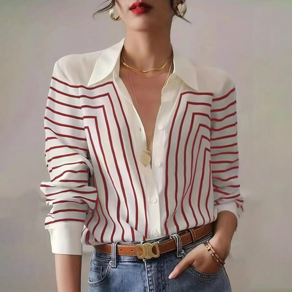 jobturf Striped Button Down Shirts for Women Long Sleeve Dress Shirt Classic Turn Down Collar Blouse Tops Business Office Attire