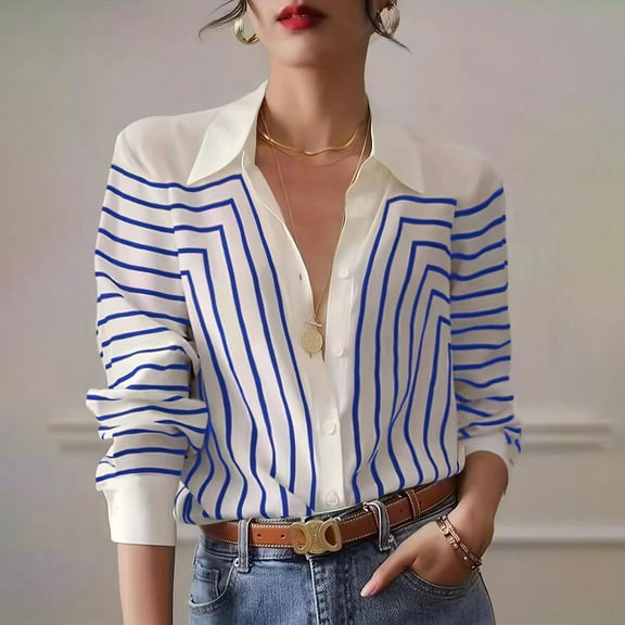 jobturf Striped Button Down Shirts for Women Long Sleeve Dress Shirt Classic Turn Down Collar Blouse Tops Business Office Attire