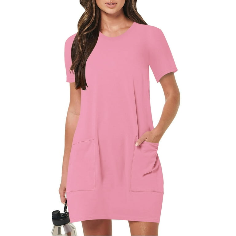 Summer solid color casual loose pockets mini dress discount