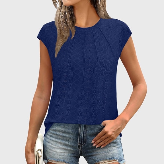 jobturf Summer Tops for Women Dressy Casual Pleated Front Cap Sleeve Blouses Beach Vacation Basic Tees Trendy Eyelet Hollow Out T Shirts