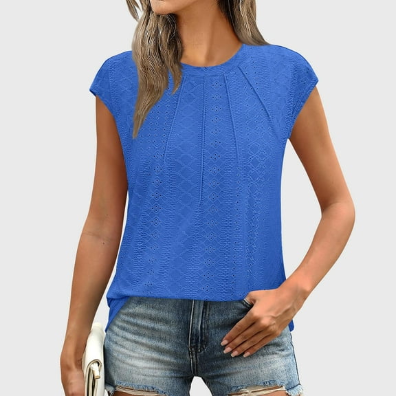 jobturf Summer Tops for Women Dressy Casual Pleated Front Cap Sleeve Blouses Beach Vacation Basic Tees Trendy Eyelet Hollow Out T Shirts
