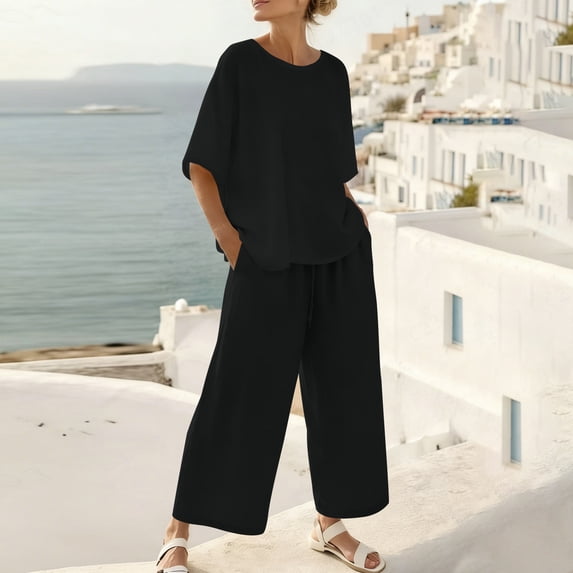 jobturf Summer Two Piece Sets for Women Going Out Linen Lounge Set Short Sleeve T Shirts and Wide Leg Pants Matching Vacation Outfits S-XXL