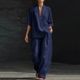 thumbnail image 1 of jobturf Summer Two Piece Sets for Women Going Out Linen Lounge Set V Neck 3/4 Sleeve T Shirts and Pants Matching Vacation Outfits S-XXL, 1 of 7