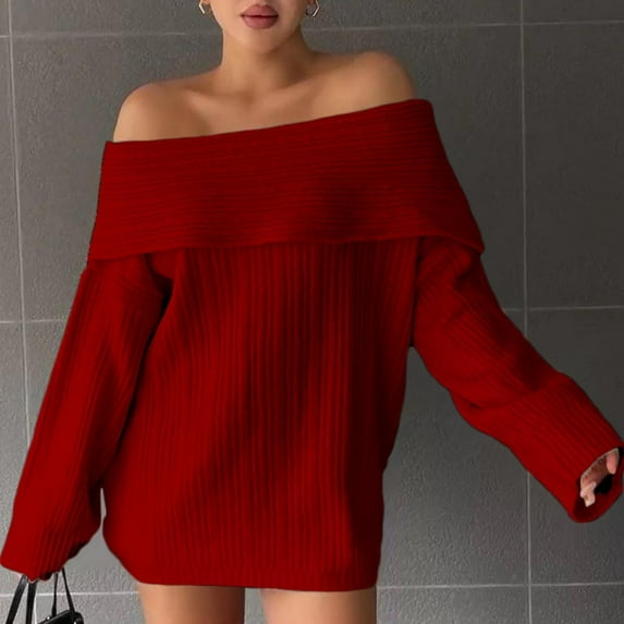 jobturf Sweater for Women Off The Shoulder Boat Neck Long Sleeve Pullover Tops Fall Trendy Casual Ribbed Knitted Cute Sweatshirts