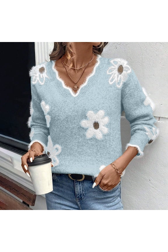 Sweaters for Women Lightweight Long Sleeve V Neck Knit Pullover Tops Fall Winter Casual Floral Graphic Warm Sweater Shirts