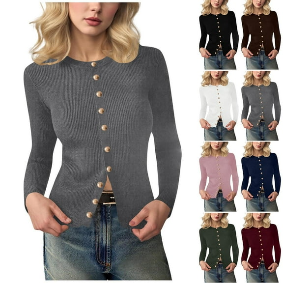 jobturf Sweaters for Women Ribbed Knit Slim Fitted Button up Blouses Soft Comfy Warm Tunic Tops Fall Winter Fashion Long Sleeve Shirts