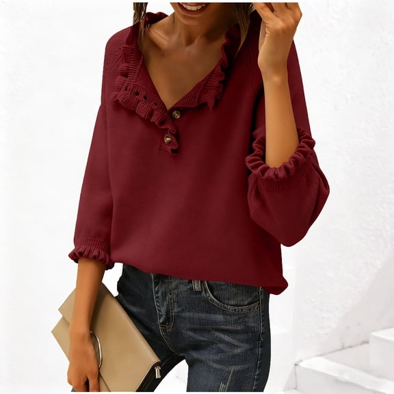 jobturf Sweaters for Women Ruffle V Neck Button Knit Tops Soft Comfy Warm Lightweight Blouses Fall Winter Fashion 3/4 Sleeve T Shirts