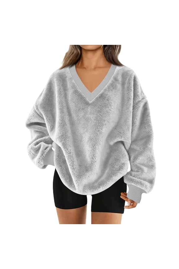 Sweatshirt for Women Casual Loose V Neck T Shirts Soft Comfy Warm Fleece Blouses Fall Winter Trendy Long Sleeve Going Out Tops