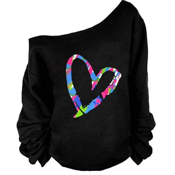 jobturf Sweatshirt for Women Off The Shoulder Crewneck Long Sleeve Pullover Tops Comfy Soft Fall Trendy Heart Printed Hoodies