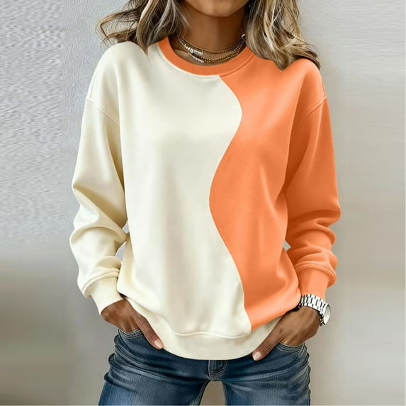 jobturf Sweatshirt for Women Patchwork Color Block Crew Neck Long Sleeve Shirts Casual Loose Comfy Pullover Holiday Athletic Workout Tops