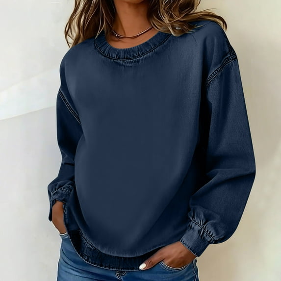 jobturf Sweatshirt for Women Vintage Fashion Denim Jacket Casual&nbsp;Loose Crewneck Sweatshirts Fall Spring Trendy Solid Long Sleeve Tops
