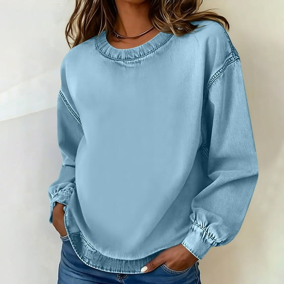 jobturf Sweatshirt for Women Vintage Fashion Denim Jacket Casual&nbsp;Loose Crewneck Sweatshirts Fall Spring Trendy Solid Long Sleeve Tops