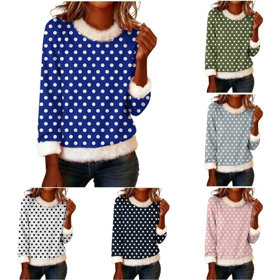 jobturf Sweatshirts for Women Xmas Patchwork Faux Furs Trim Lightweight Sweaters Casual Loose Crewneck Blouses Trendy Christmas Shirts