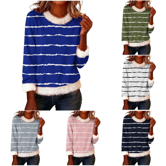 jobturf Sweatshirts for Women Xmas Patchwork Faux Furs Trim Lightweight Sweaters Casual Loose Crewneck Blouses Trendy Christmas Shirts