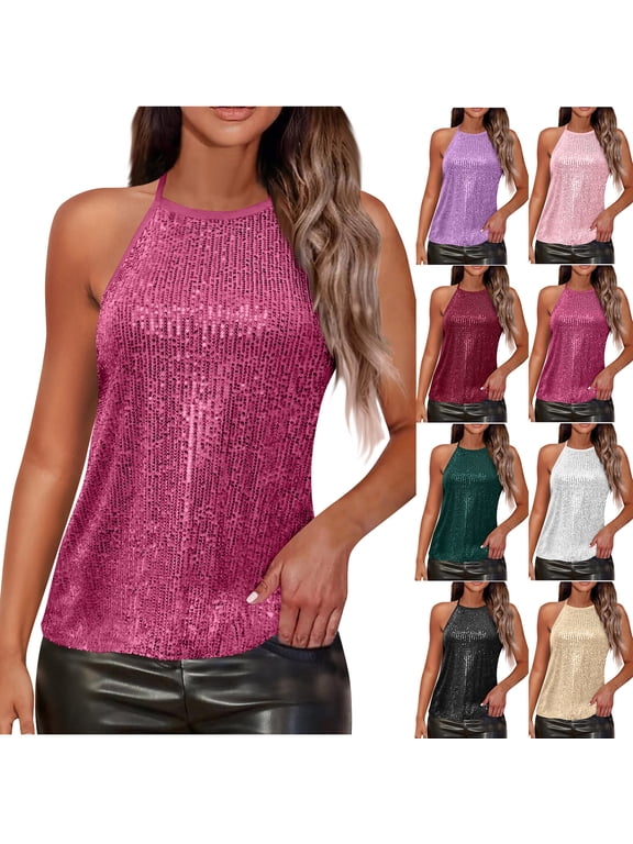 Tank Tops for Women Halter Neck Sparkly Sequin Party Sleeveless Blouses Fall Winter Lightweight Camisole Holiday Dressy Casual Christmas Shirts