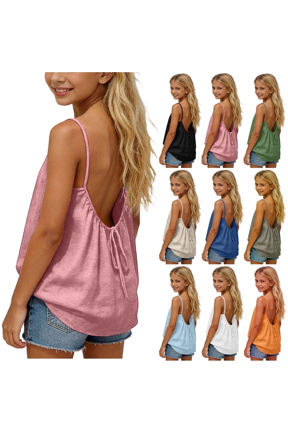Tank Tops for Girls Open Back Spaghetti Strap Sleeveless Shirts Holiday Beach Vacation Basic Tees Summer Blouses Size 5-14 Years