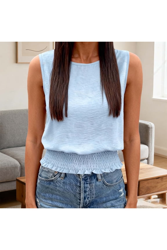 Tank Tops for Women Boho Cami Slim Fit Smocked Bottom Sleeveless Shirts Summer Fashion Crew Neck Ruffle Hem Camisole Blouses