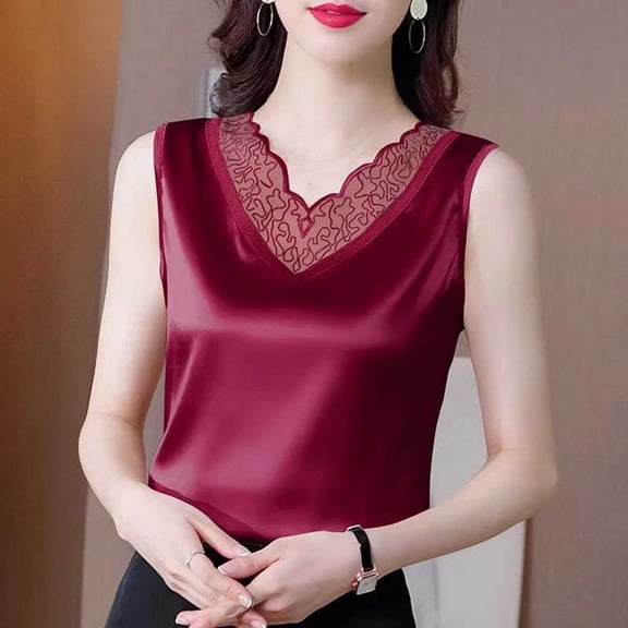 jobturf Tank Tops for Women Dressy Casual Lace Trim V Neck T Shirts Business Office Work Sleeveless Shirt Summer Fashion Satin Silk Camisole Blouses