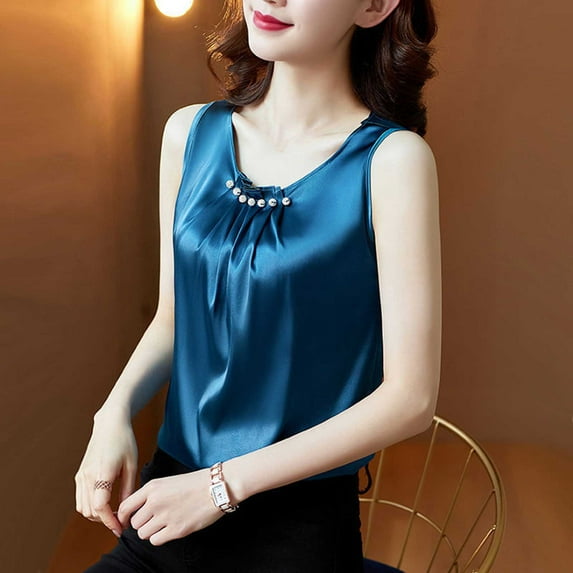 jobturf Tank Tops for Women Dressy Casual Pleated Front Sleeveless Shirts Summer Fashion Camisole Top Business Office Work Satin Silk Blouse
