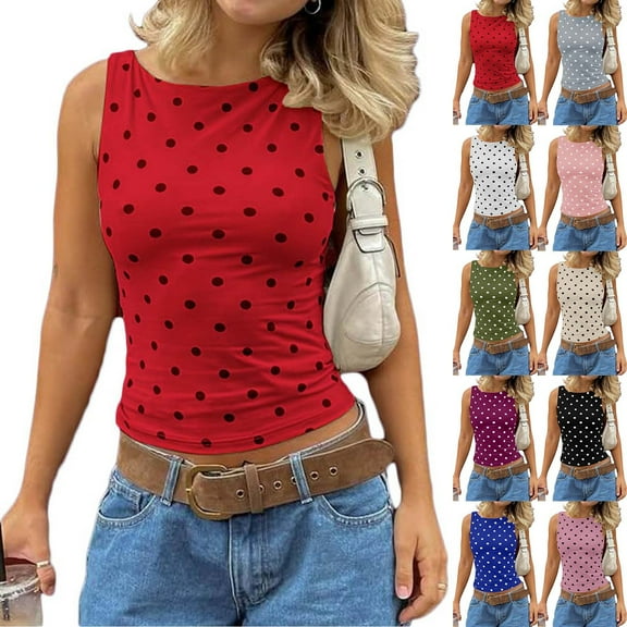 jobturf Tank Tops for Women Summer Crew Neck Sleeveless Blouses Holiday Casual Polka Dots Basic Tees Stretchy Slim Fitted Tunic Shirts