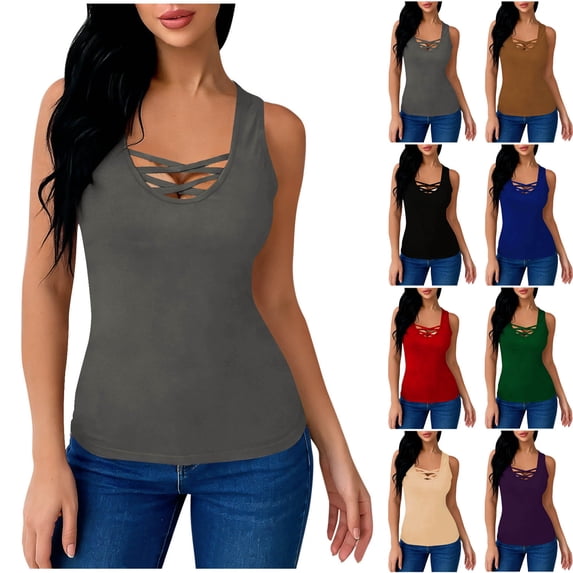 jobturf Tank Tops for Women Trendy Criss Cross Front Sleeveless Shirts Athletic Workout Yoga Basic Tees Summer Going Out Blouses S-XXL