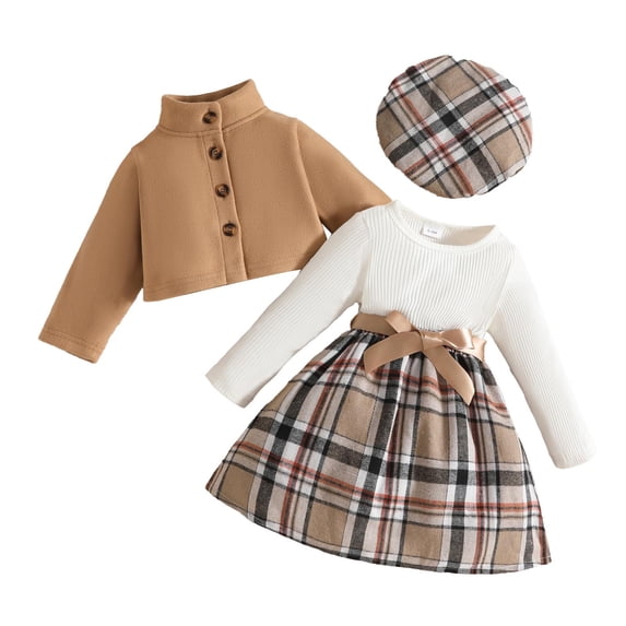 jobturf Toddler Girls 3 Piece Sets Button Down Fleece Jacket Ribbed Long Sleeve Plaid Dress Matching Beret Hat Kids Party Outfits 6 Months-3 Years