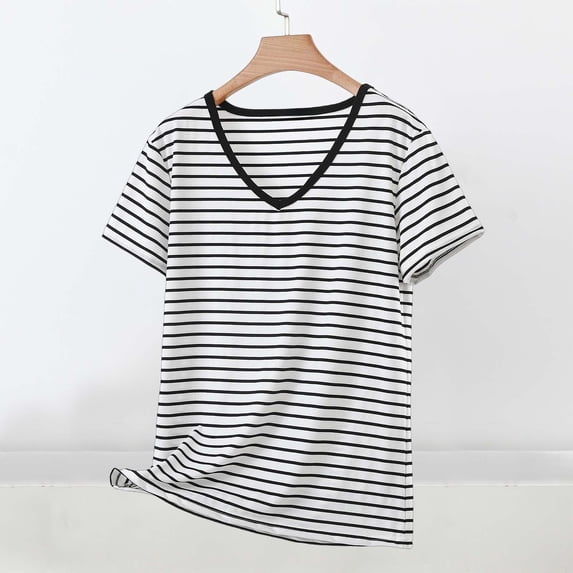 jobturf V Neck T Shirts for Women Plus Size Short Sleeve Striped Shirt Casual Loose Fit Lounge Basic Tees Summer Tops S-5XL