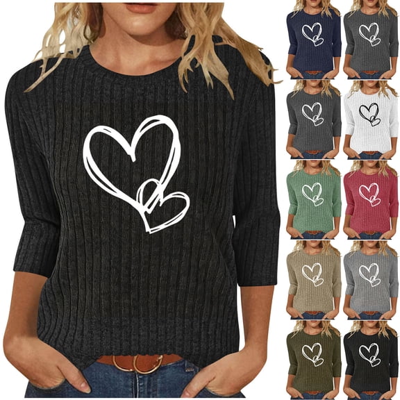 jobturf Valentine Shirts for Women Hearts Printed Ribbed Knit Crewneck Tunic Tops Fall Winter Basic Tees Dressy Casual 3/4 Sleeve Blouses